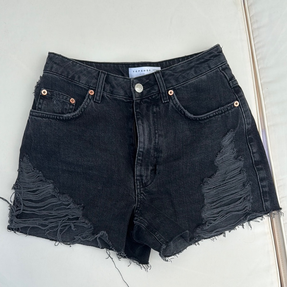 Topshop Black High-Waisted Jean Shorts Distressed